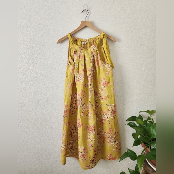 Bellambra Women's Medium Floral Yellow 100% Linen Halter Neck Tie Dress - Picture 1 of 8